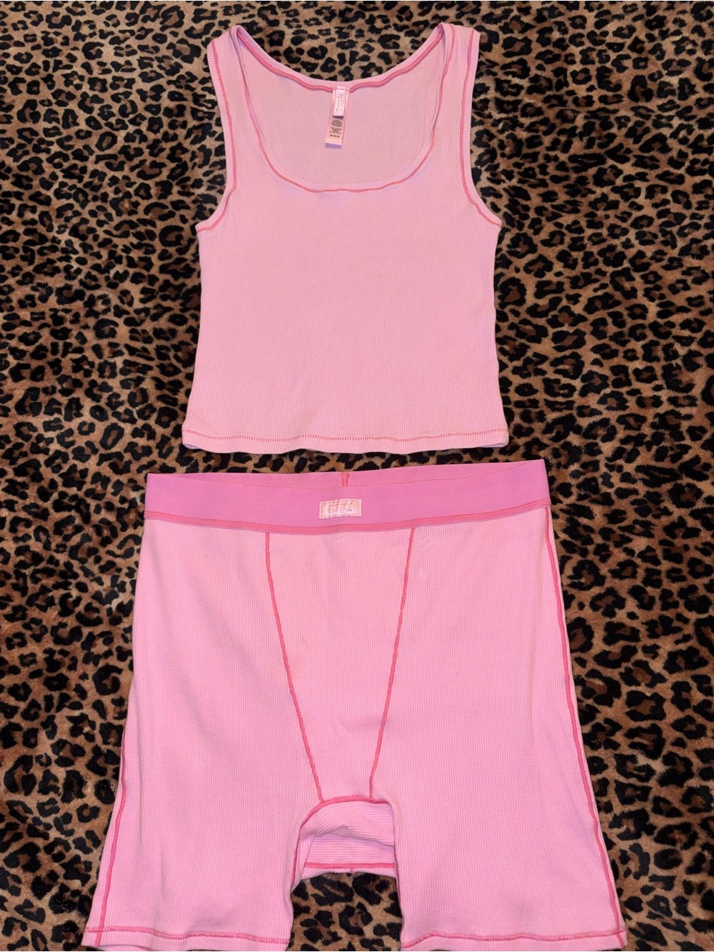 Skims Bubblegum Pink Ribbed Tank and Boxer Short Sleep Set - Women Intimates